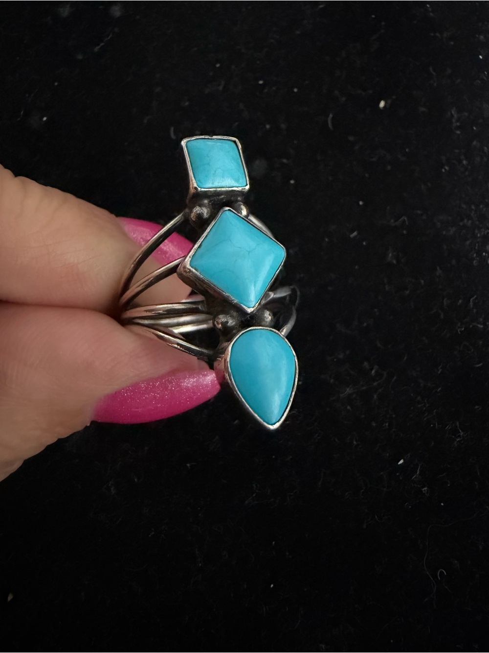 925 Sterling silver vintage signed triple turquoise ring